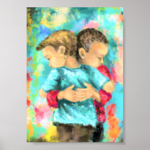 Póster Amistad - Niños Abrazándose - Paz Amor - Pintura