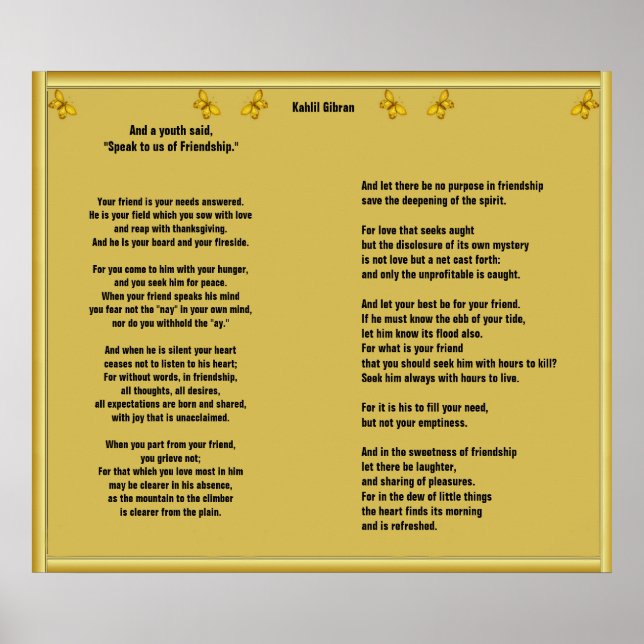 Póster Amistad por Kahlil Gibran (Frente)