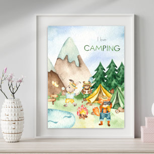 Póster Amo Acampar Animales del Bosque Niños Acuarela