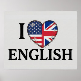 Póster Amo el inglés - Diseño de corazón con banderas de 