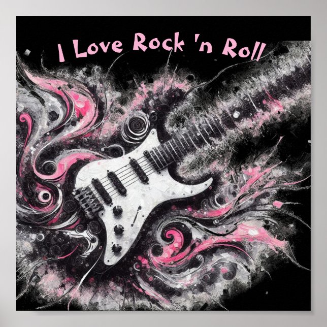 Póster Amo el rock N Roll Guitarra Eléctrica Rosa Negro (Frente)