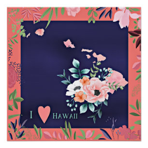 Póster Amo Hawaii, ilustracion floral acuático,