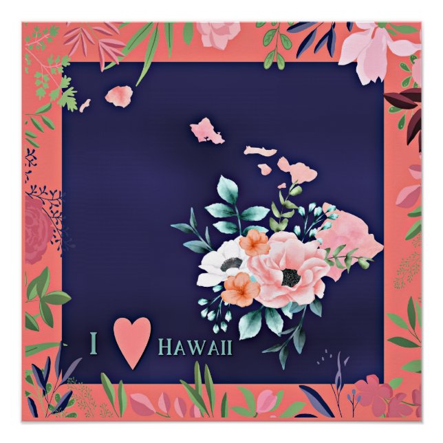 Póster Amo Hawaii, ilustracion floral acuático, (Anverso)