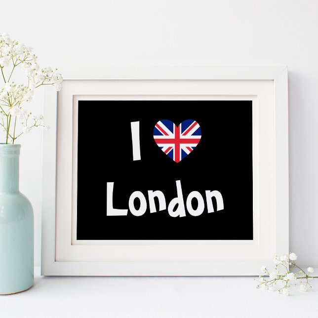 Póster Amo Londres (Black and White I Love London with Union Jack Heart Shape)