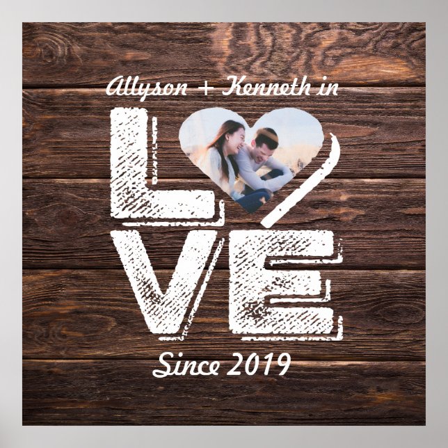 Póster Amo Rústico Woodland Foto Monograma del corazón