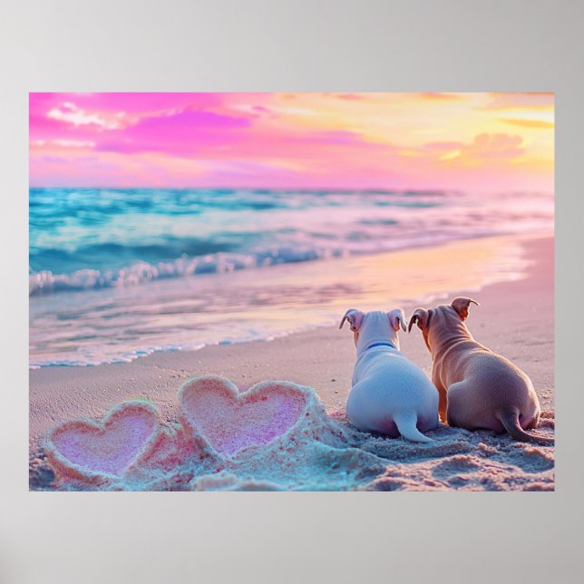 Póster Amor de perro en la playa, corazones (Frente)