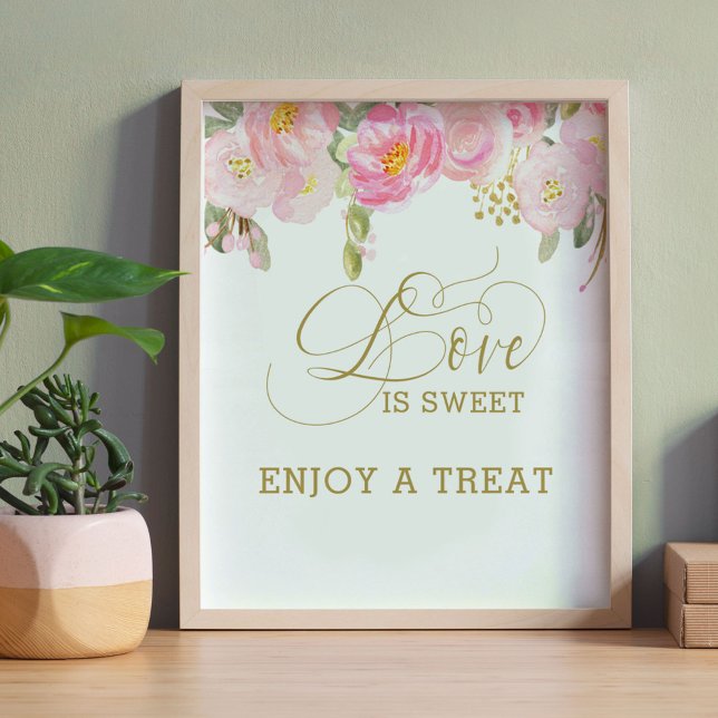 Póster Amor Dulce Caligrafía Rosa Floral Dorada (Love is Sweet candy table sign from my Pink and Gold Watercolor Floral Collection)