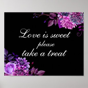 Póster Amor dulce toma regalo. Boda púrpura y negra