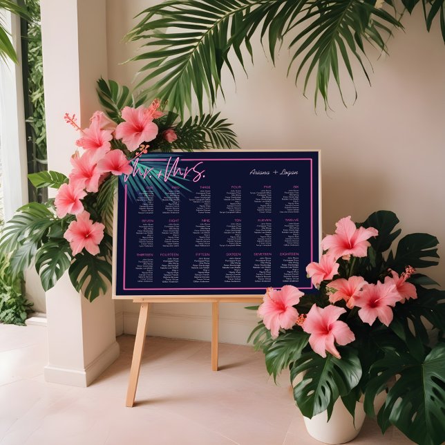 Póster Amor eléctrico Neón Boda Retro Tropical Rosa (Electric Love Neon Pink Tropical Retro Wedding Poster)