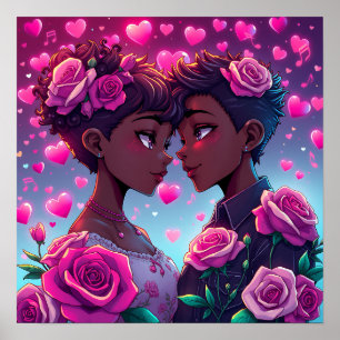 Póster Amor LGBT   Pareja anime afroamericana
