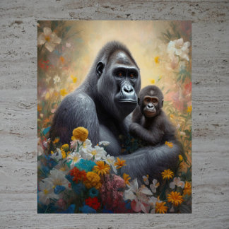 Póster Amor Maternal - Imagen de Gorila Madre en Acuarela