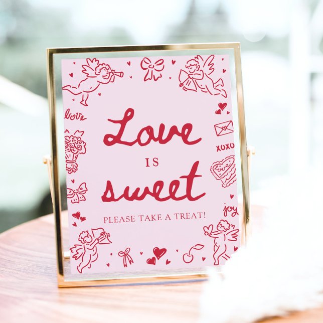 Póster Amor moderno de San Valentín dibujado a mano rosa  (Pink Hand Drawn Modern Valentine Love is Sweet Sign)