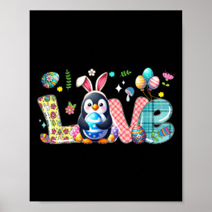Póster Amor Pascua Bunny Penguin Cazando Huevos Flores Co