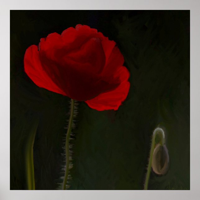 Póster Amor rojo brillante en pintura de fondo oscuro. (Frente)