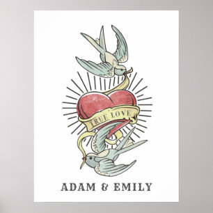 Póster Amor verdadero   Aves de tatuaje vintage con coraz