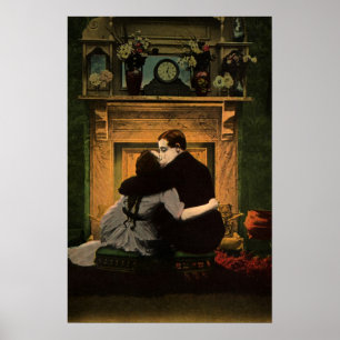 Póster Amor y romance vintage, beso romántico de chimenea