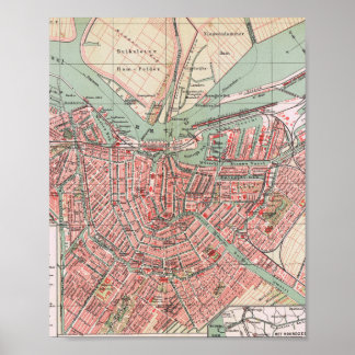 Póster Ámsterdam, mapa de la ciudad, afiche de época