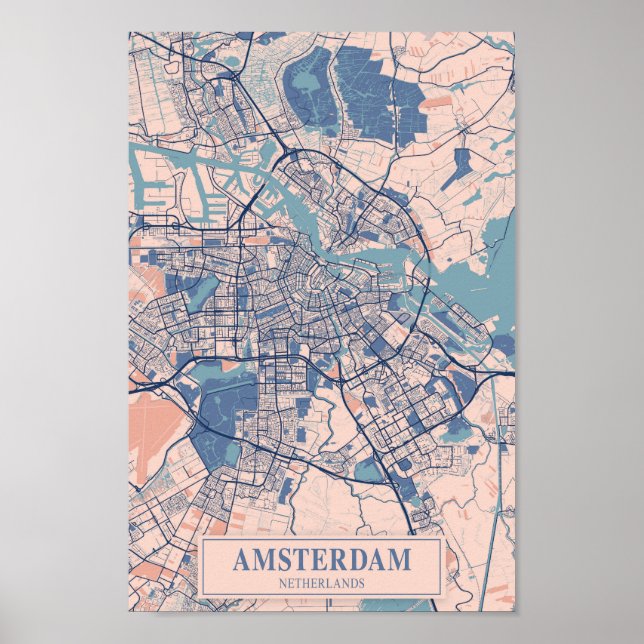 Póster Amsterdam Netherlands Breezy City Map Travel (Frente)