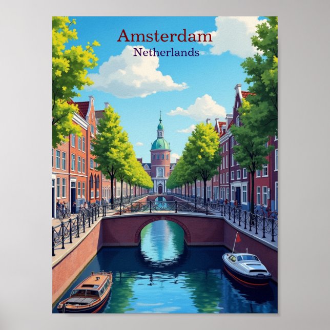 Póster Amsterdam Netherlands Gouache Illustration Travel (Frente)