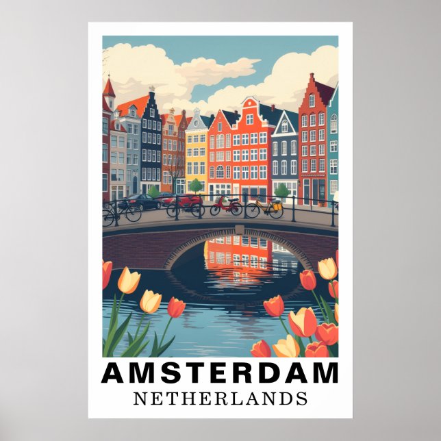 Póster Amsterdam Netherlands Travel Bicycles Tulip (Frente)
