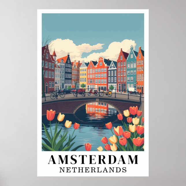Póster Amsterdam Netherlands Vintage Travel Bicycles Art (Frente)