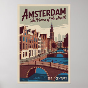 Póster Amsterdam Países Bajos Paisaje Urbano Retro Viajes