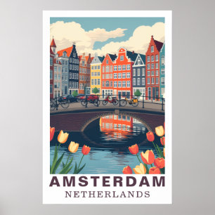 Póster Ámsterdam Países Bajos Viaje Bicicletas Tulipán