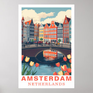 Póster Ámsterdam Países Bajos Viaje Bicicletas Tulipán