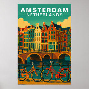 Póster Ámsterdam Vintage Países Bajos Canales y Bicicleta