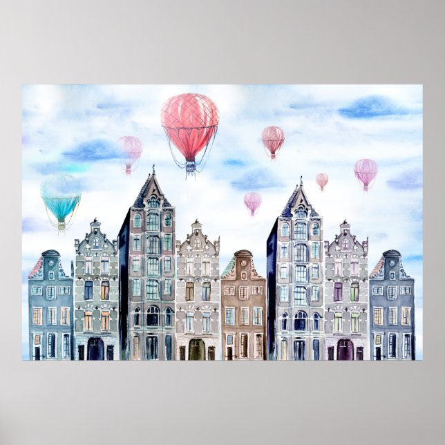 Póster Amsterdam with hot air balloon (Frente)