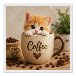 Póster Amuleto de Gatito en Taza de Café