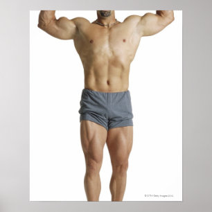 Póster an adult caucasian male bodybuilder holds his