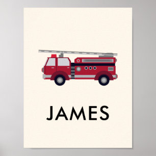 Póster Añade tu nombre Camión de bomberos rojo personaliz