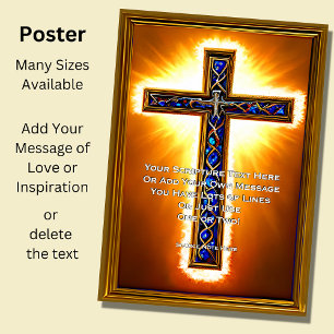 Póster Añade tus escrituras, cruz cristiana azul con joya