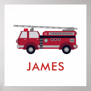 Póster Añadir tu nombre camión de bomberos rojos personal