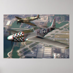 Póster Anaglyph 3D de P51 en Spitfire sobre Airfield