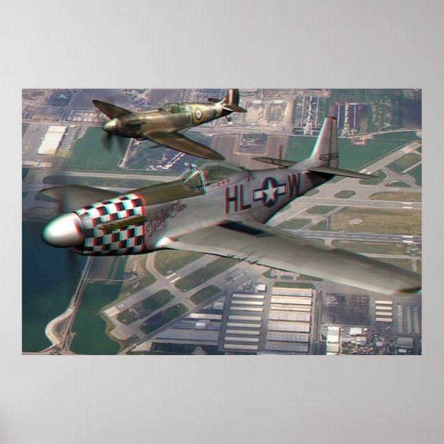 Póster Anaglyph 3D de P51 en Spitfire sobre Airfield (Frente)