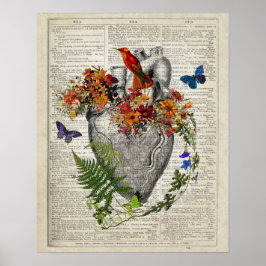 Póster Anatomía cardíaca con flores mariposas Hummingbird