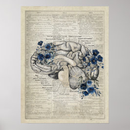 Póster Anatomía cerebral con flores azules de la marina a