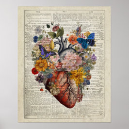 Póster Anatomía del corazón humano con flores y mariposas