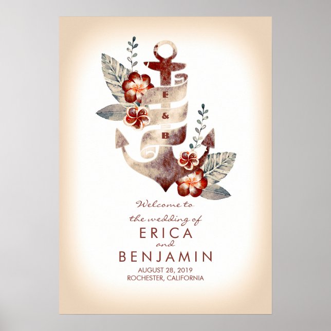 Póster Anchor Nautical Beach Wedding Sign (Frente)