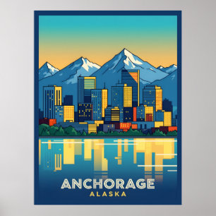 Póster Anchorage Alaska con montañas y agua