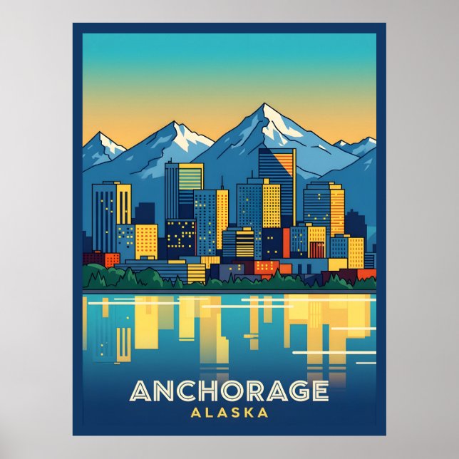 Póster Anchorage Alaska con montañas y agua (Frente)