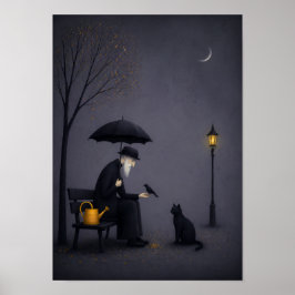 Póster Anciano alimentando a un pájaro en lluvia silencio