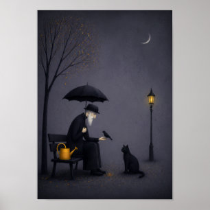 Póster Anciano alimentando a un pájaro en lluvia silencio