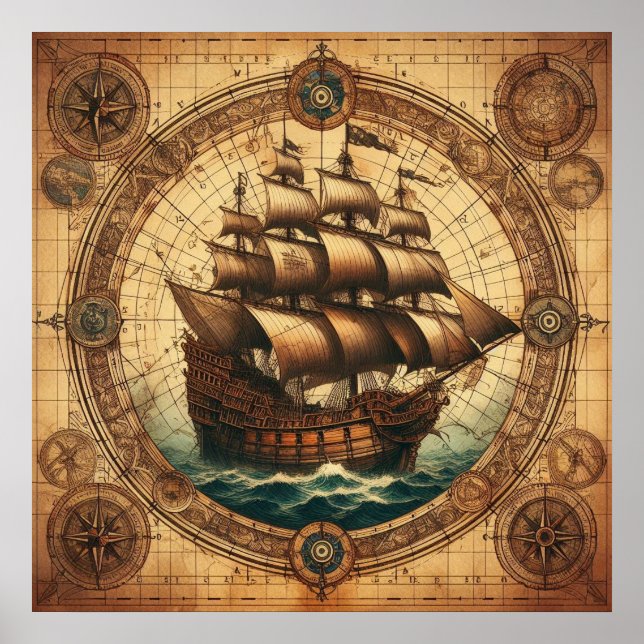 Póster Anciano barco de vela pirata 3 (Frente)