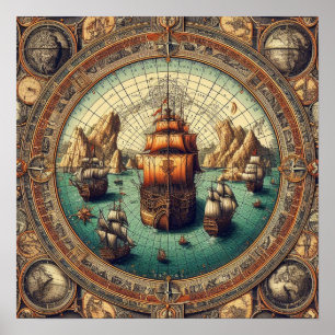 Póster Anciano barco velero español, Mapa 3