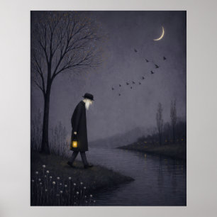 Póster Anciano Caminando a lo Largo de un Río Silencioso