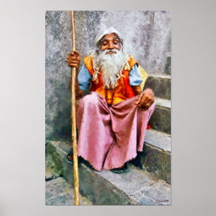 Póster Anciano indio con bastón