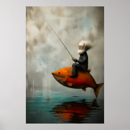 Póster Anciano pescando sobre un pez carmesí flotante